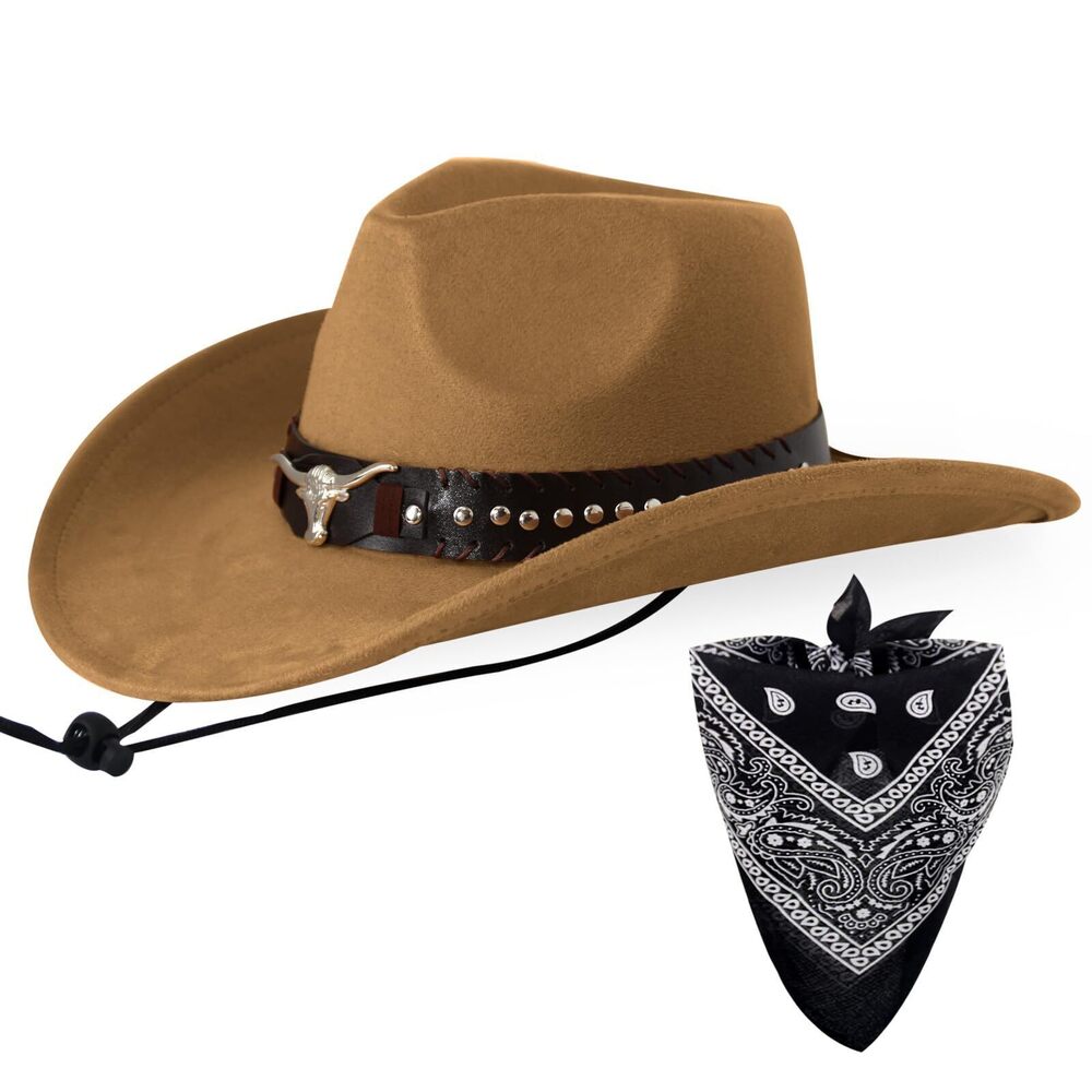 6376 Cowboy Hat with Bandana Set - Adjustable Wide Brim Western Hat &